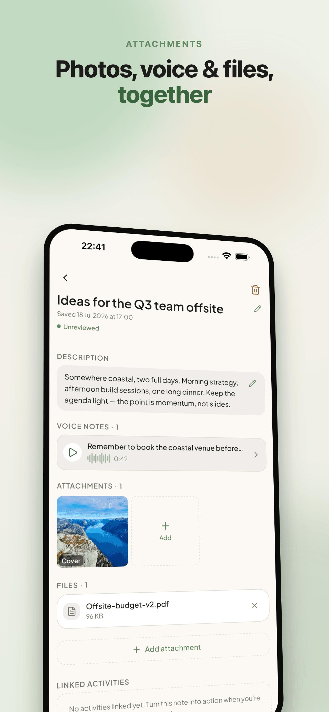 Taski note with photos, a voice memo, and an attachment